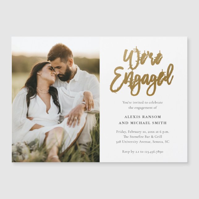 Modern Script We're Engaged Photo Engagement Party Magnetic Invitation (Front)