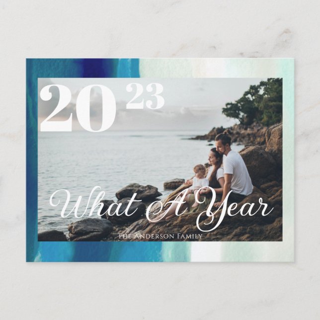 Modern Script What A Year Framed Photo Postcard (Front)