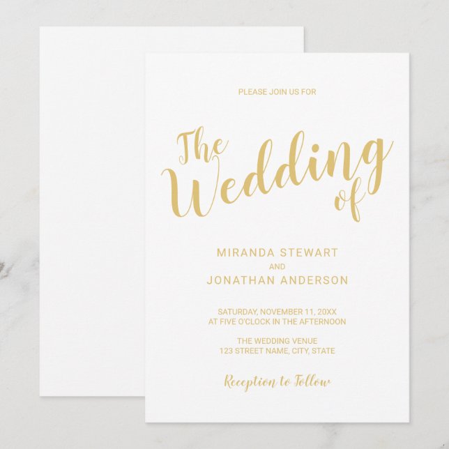 Modern Script White and Gold Wedding Invitation (Front/Back)