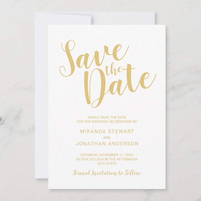 Modern Script White and Gold Wedding Save the Date (Front)