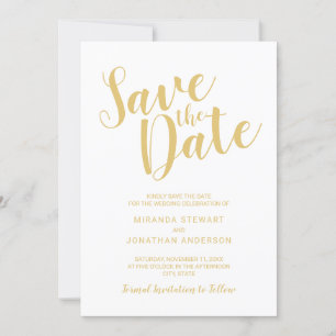 Modern Script White and Gold Wedding Save the Date