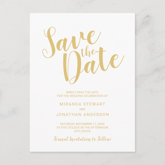 Modern Script White and Gold Wedding Save the Date Announcement Postcard (Front)