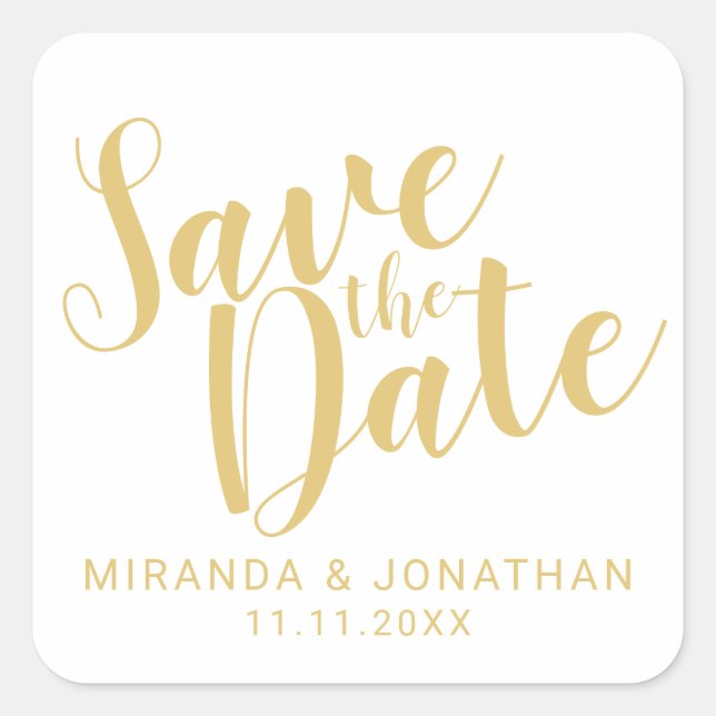 Modern Script White and Gold Wedding Save the Date Square Sticker (Front)
