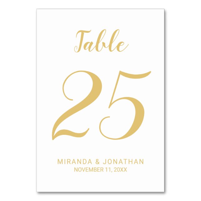Modern Script White and Gold Wedding Table Number (Front)