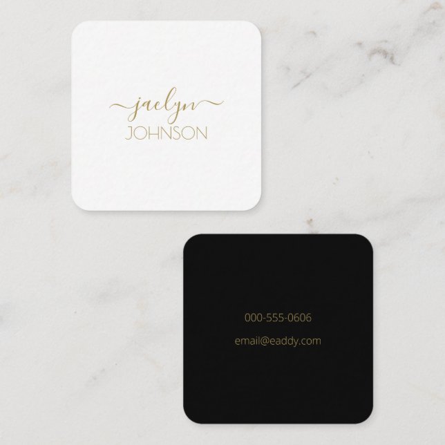 Modern Script White Gold Black Personalized Name Square Business Card (Front/Back)