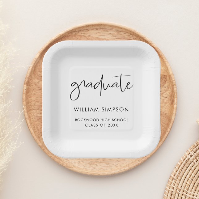 Modern Script White Graduation Paper Plates (Creator Uploaded)