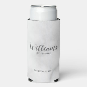 Modern Script White Marble Personalized Groomsmen Seltzer Can Cooler