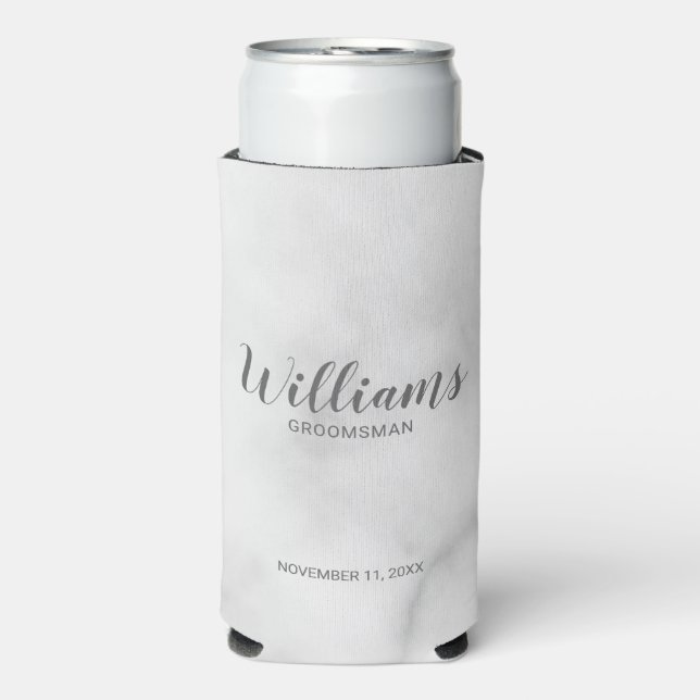 Modern Script White Marble Personalized Groomsmen Seltzer Can Cooler (Seltzer Front)