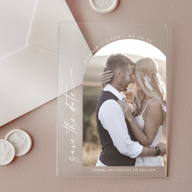 Modern Script White Photo Wedding Save the Date Acrylic Invitations (Modern Script White Photo Wedding Save the Date Acrylic Invitations)
