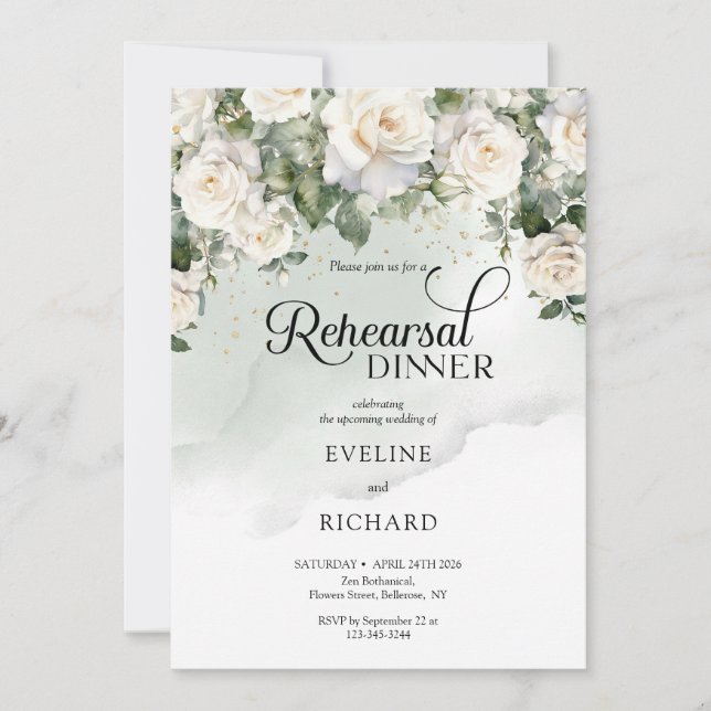 Modern script white roses and gold rehearsal invitation (Front)