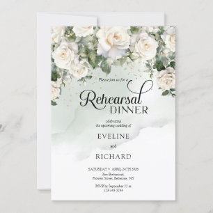 Modern script white roses and gold rehearsal invitation