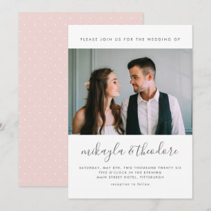Modern Script with Dots and Photo Blush Wedding Invitation