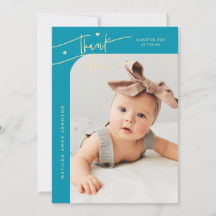 Modern Script with Heart Aqua Blue Photo Birth Announcement