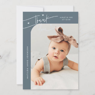 Modern Script with Heart Slate Blue Photo Birth Announcement