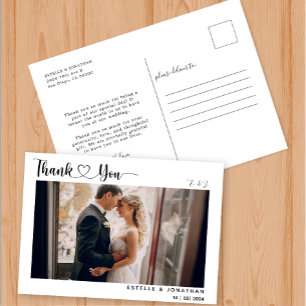 Modern Script with Heart Wedding Thank You Photo  Holiday Postcard