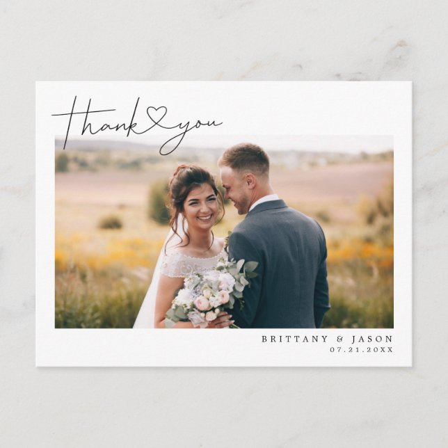 Modern Script with Heart Wedding Thank You Photo Postcard (Front)