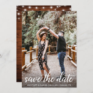 Modern Script Wood Lights Save The Date Card