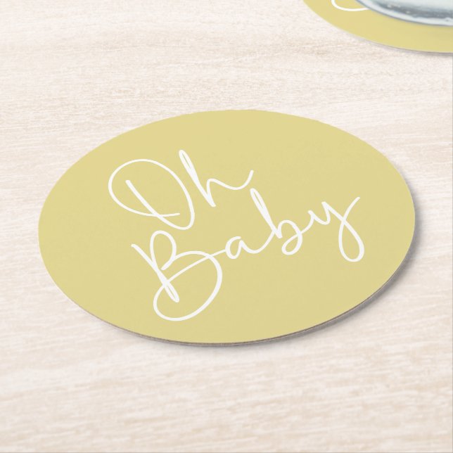 Modern Script Yellow Oh Baby Simple Baby Shower Round Paper Coaster (Angled)