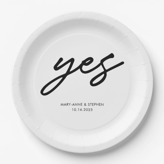 Modern Script Yes Engagement Wedding Party Paper Plate (Front)