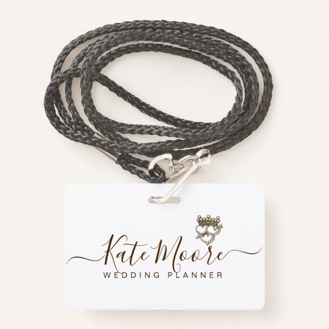 Modern Scripted Wedding Event Planner Hearts Crown Badge (Front with Lanyard)
