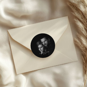 Modern Scripty Black and White Photo Classic Round Sticker