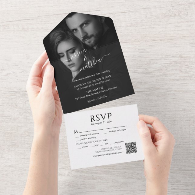Modern Scripty Black and White Photo QR Code  All In One Invitation (Tearaway)