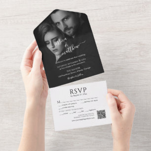 Modern Scripty Black and White Photo QR Code All In One Invitation