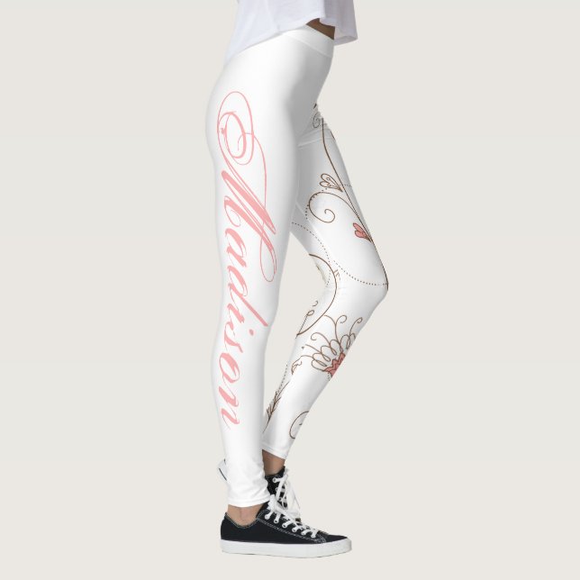 Modern Scroll Hearts Tan Pink Add Name Valentine Leggings (Right)