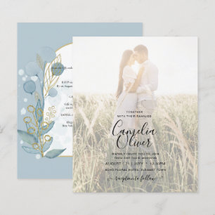 Modern Sea Glass Aqua Gold Leaves Wedding Invite