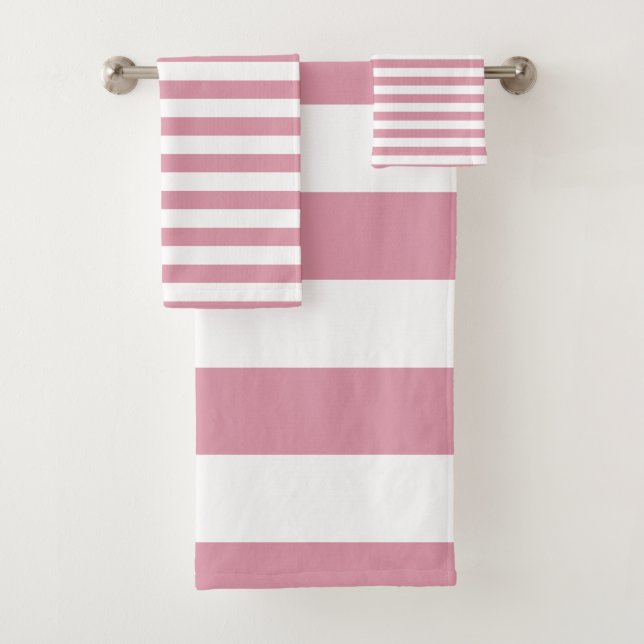 Modern Sea Pink and White Striped pattern Bath Towel Set (Insitu)