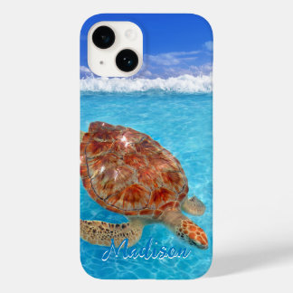 Modern Sea Turtle Blue Beach Personalized Case-Mate iPhone 14 Case