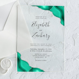 Modern Seafoam Green Silver Agate Corners Wedding Acrylic Invitations