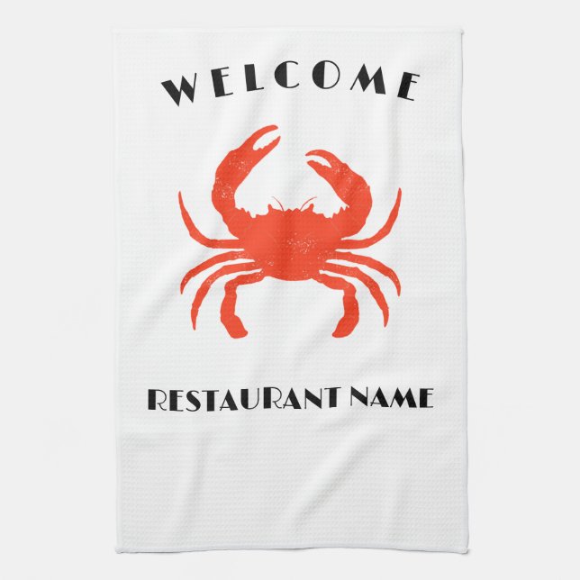 Modern seafood welcome red Crab custom Personalize Kitchen Towel (Vertical)
