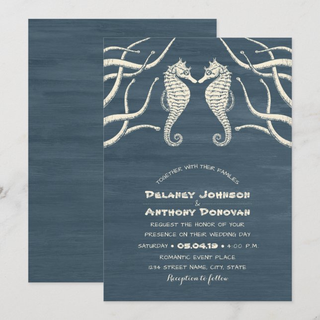 Modern Seahorse Nautical Beach Themed Wedding Invitation (Front/Back)