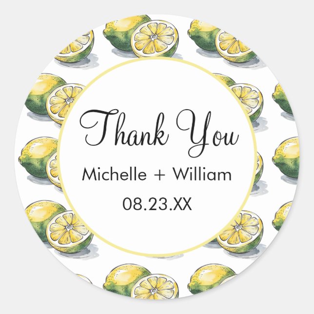 Modern Seamless Pattern Watercolor Wedding Lemon   Classic Round Sticker (Front)