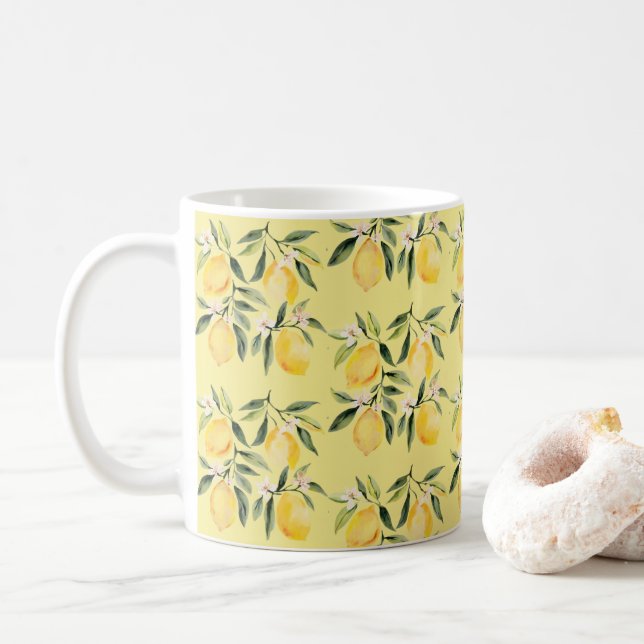 Modern Seamless Pattern Watercolor Yellow Lemon  Coffee Mug (With Donut)
