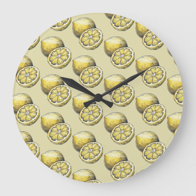 Modern Seamless Pattern Watercolor Yellow Lemon La Large Clock (Front)