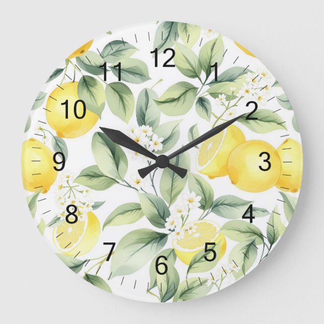 Modern Seamless Pattern Watercolor Yellow Lemon Large Clock (Front)