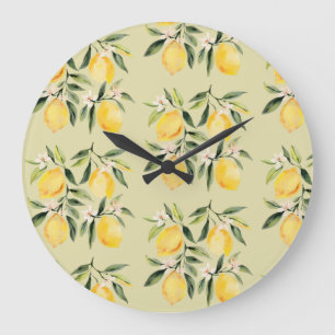 Modern Seamless Pattern Watercolor Yellow Lemon Large Clock