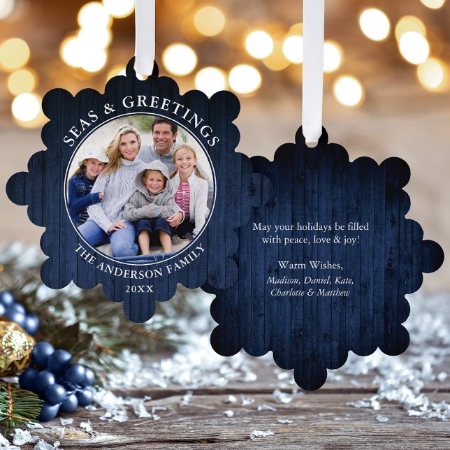 Modern Seas and Greetings Blue Wood Print Ornament Card (A greeting card that is also an ornament! Customize with your photo and personalized text.)
