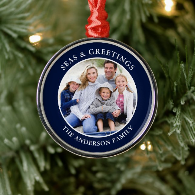 Modern Seas and Greetings Photo Blue Metal Metal Ornament (Tree)