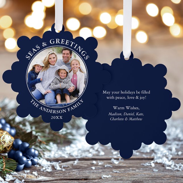 Modern Seas and Greetings Photo Blue Ornament Card (A greeting card that is also an ornament! Customize with your photo and personalized text.)