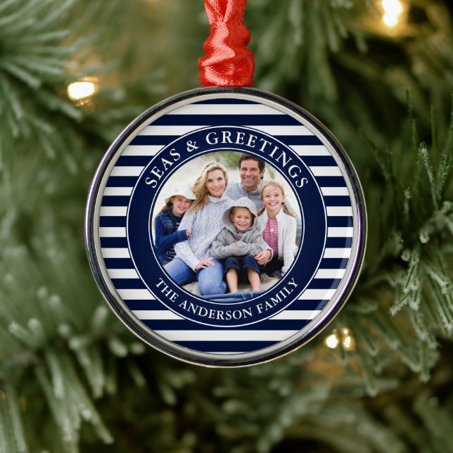 Modern Seas and Greetings Photo Blue Stripes Metal Ornament (Tree)
