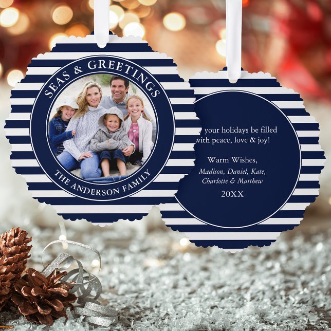 Modern Seas and Greetings Photo Blue Stripes Ornament Card (A greeting card that is also an ornament! Customize with your photo and personalized text.)