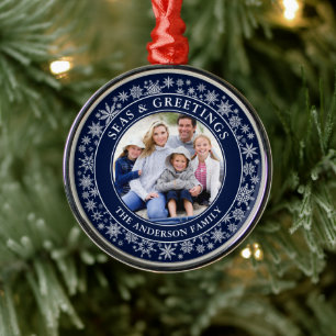 Modern Seas and Greetings Photo Snowflakes Blue Metal Ornament