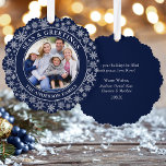 Modern Seas and Greetings Photo Snowflakes Blue Ornament Card<br><div class="desc">Modern Seas and Greetings Christmas Holiday Photo Ornament Card - Navy Blue and White Snowflakes Background. This is a greeting card that is also an ornament.</div>