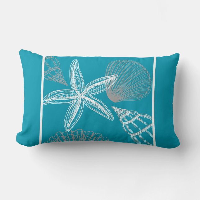 Modern Seashell Beach House Aqua Blue Starfish Lumbar Pillow (Front)