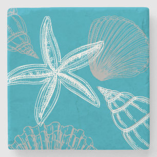 Modern Seashell Beach House Aqua Blue Starfish Stone Coaster