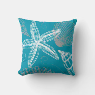 Modern Seashell Beach House Aqua Blue Starfish Throw Pillow