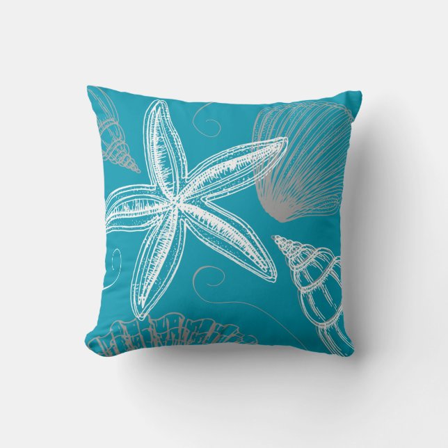Modern Seashell Beach House Aqua Blue Starfish Throw Pillow (Front)